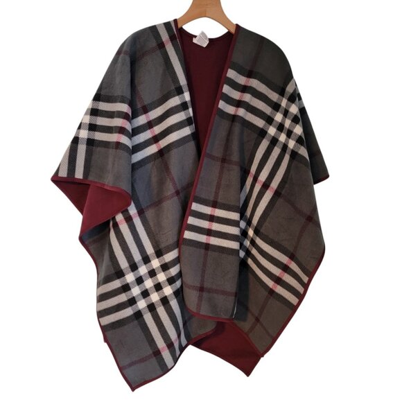 Woolrich Blanket Wrap One Size Red Gray Plaid Reversible Plaid Cape Shawl Poncho - Picture 1 of 6